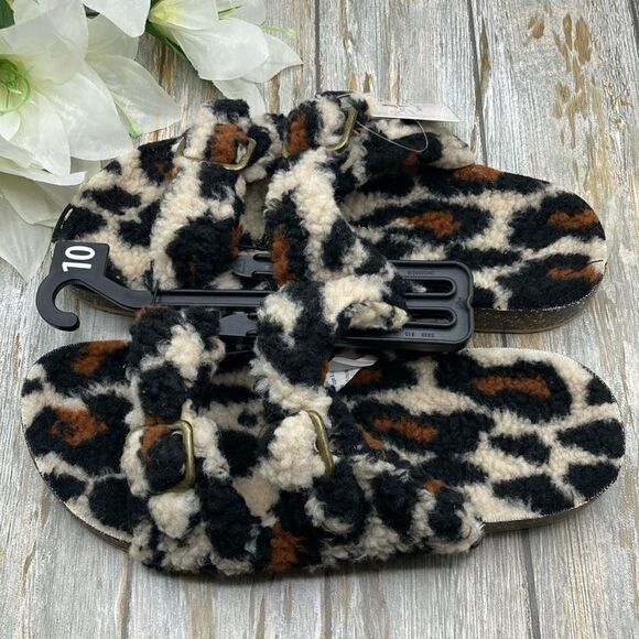 Fuzzy Leopard 2 Band Luxe Step In Comfy Indoor Outdoor Sandals Slippers Shoes 10 - Picture 2 of 9